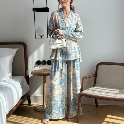👗Französisch inspirierte bedruckte Wickelbluse und weite Hose Set