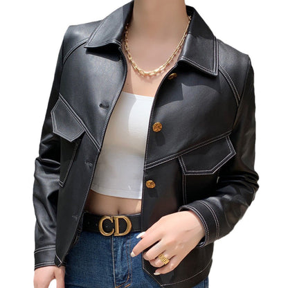 🧥PU Leather Slim Motorcycle Jacket – Women’s Short Coat with Collar & Buttons