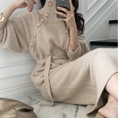 👗Loose Knit Turtleneck Sweater Dress – Autumn / Winter, Lace-Up Waist, Japanese / Korean Style
