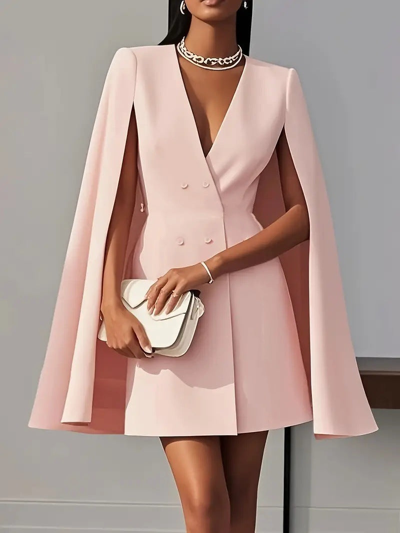 👗Robe tailleur de ville – cape à col châle et double boutonnage de couleur unie