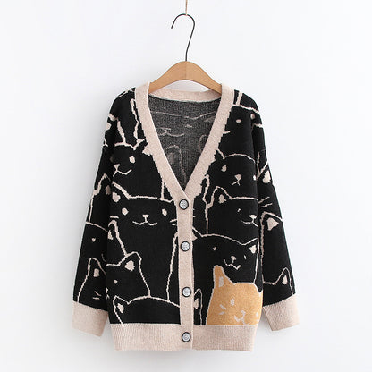 Korean College-Style Kitten Jacquard Sweater – Slim-Fit Autumn Cardigan for Women