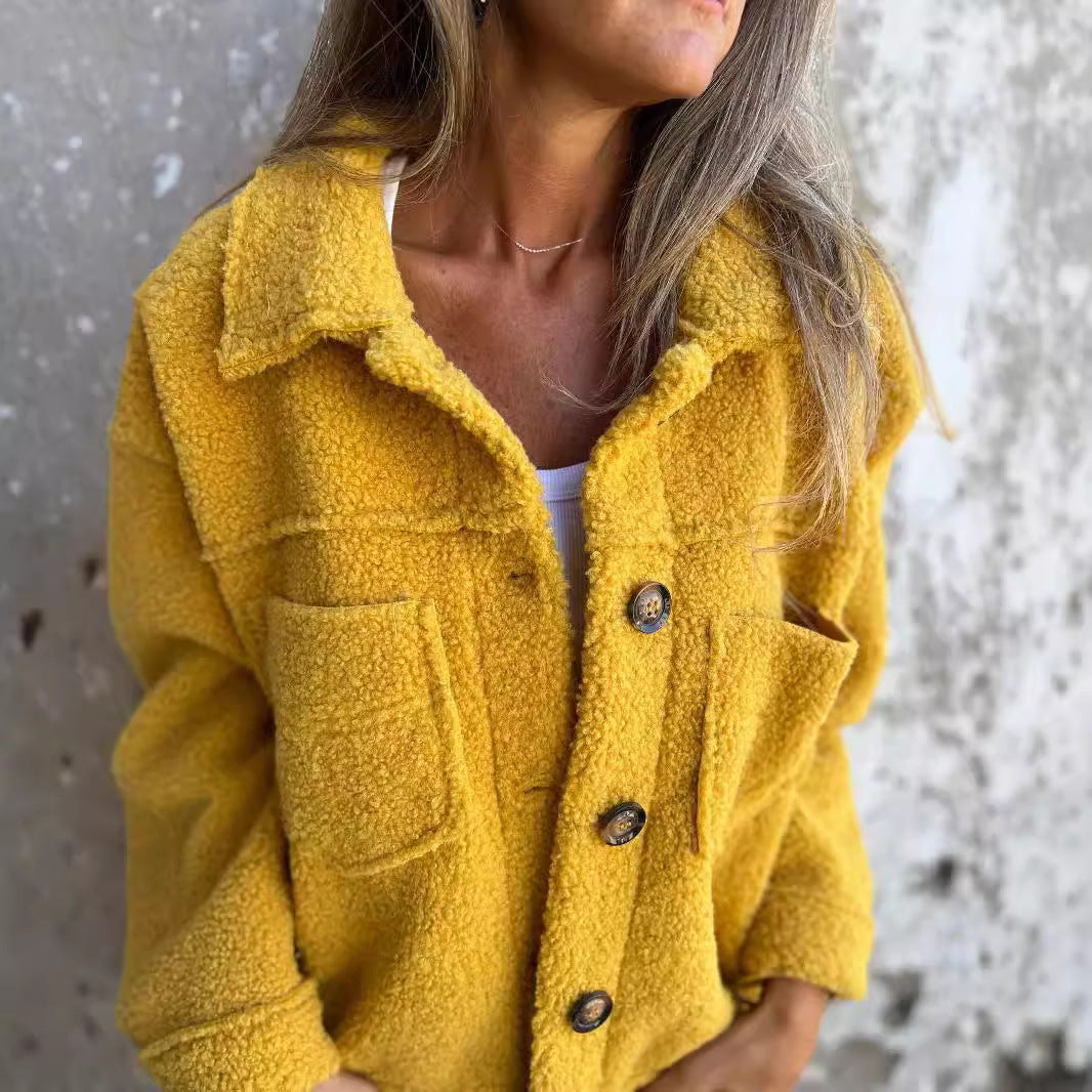 🧥 Damen-Strickjacke aus Lammfell mit aufgesetzten Taschen – Herbst/Winter Freizeitjacke
