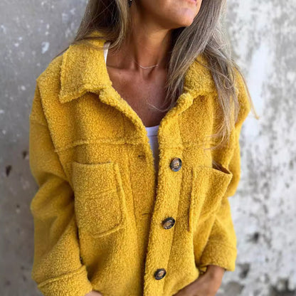 🧥 Damen-Strickjacke aus Lammfell mit aufgesetzten Taschen – Herbst/Winter Freizeitjacke