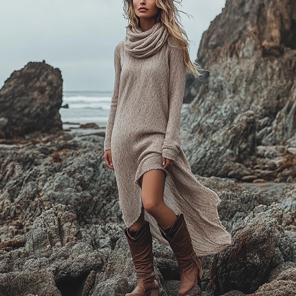 👗Robe unie à col roulé et manches longues pour femme