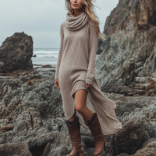 👗Damen Rollkragen-Langarmkleid in Unifarbe