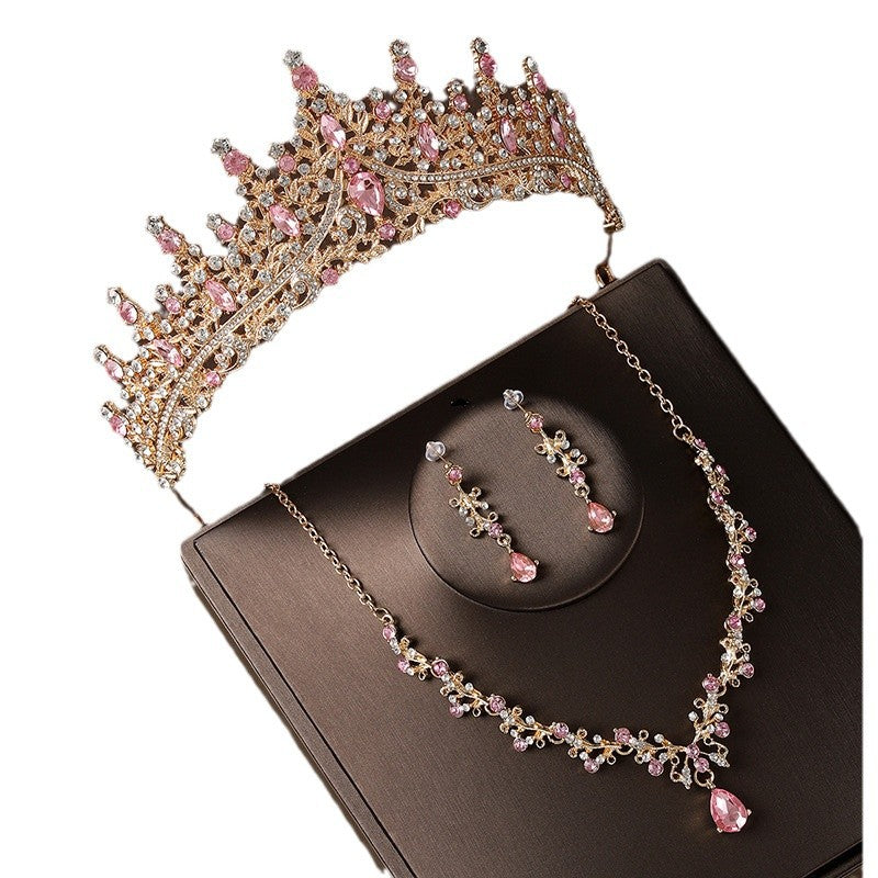 Champagne Pink Diamond Crown Jewelry Set – Headpiece, Necklace & Earrings, Bridal / Party 3‑Piece