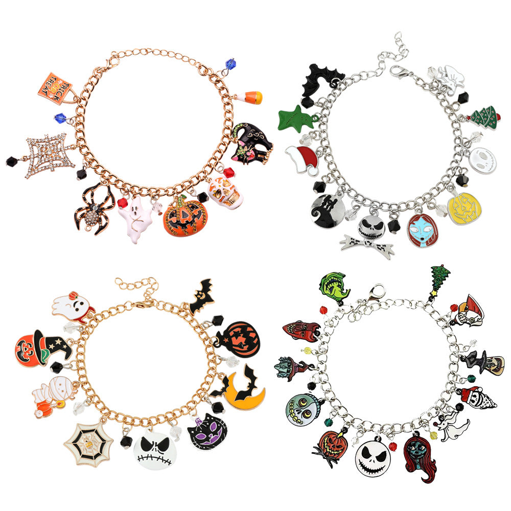 Combo bracelet featuring pumpkin, spider, bat, and ghost charms