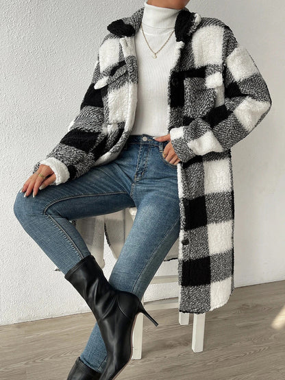Women’s Autumn / Winter Plaid Plush Lapel Coat – Button‑Down Long Jacket