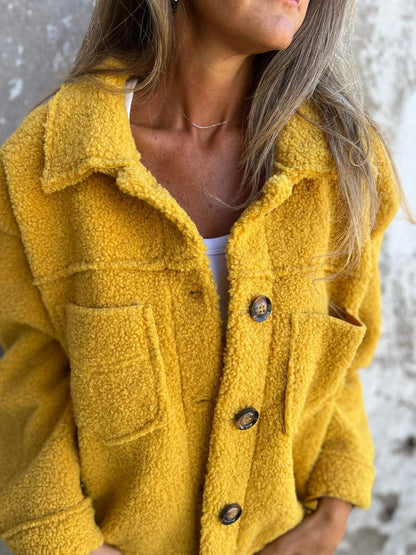 🧥 Damen-Strickjacke aus Lammfell mit aufgesetzten Taschen – Herbst/Winter Freizeitjacke