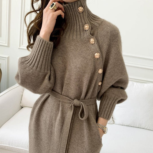 👗Loose Knit Turtleneck Sweater Dress – Autumn / Winter, Lace-Up Waist, Japanese / Korean Style