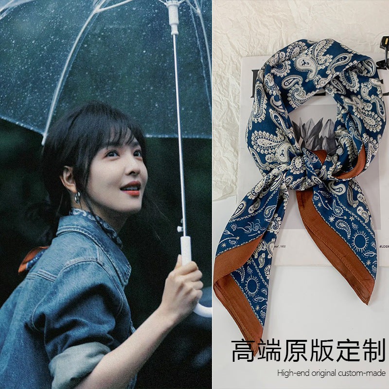 2025 autumn female cashew flower small square silk scarf / High-end neckband accessories & decoration
