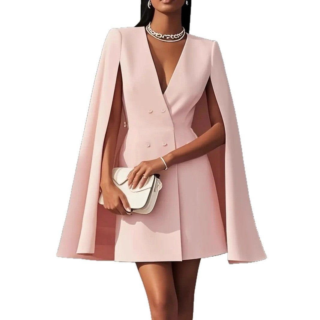 👗Robe tailleur de ville – cape à col châle et double boutonnage de couleur unie
