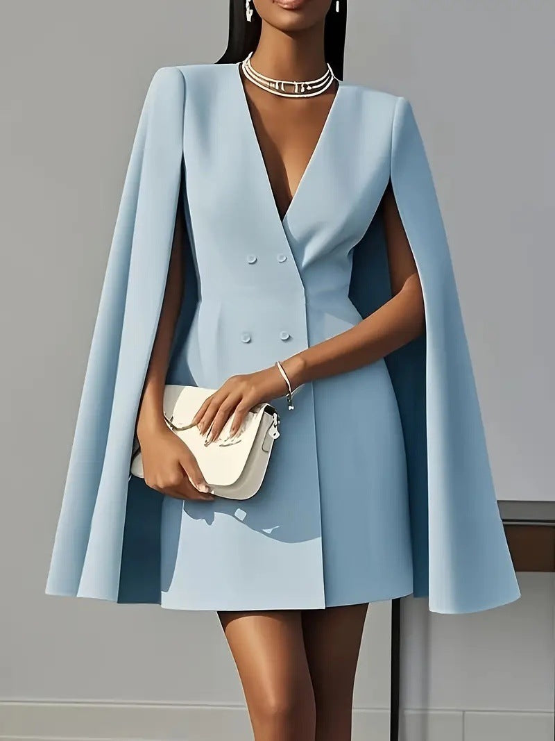 👗Robe tailleur de ville – cape à col châle et double boutonnage de couleur unie