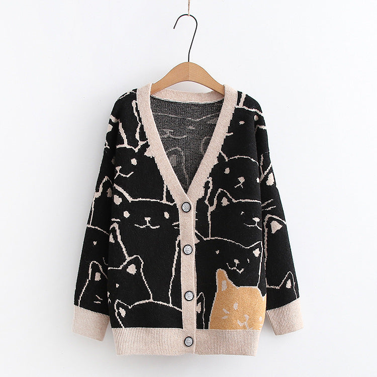 Korean College-Style Kitten Jacquard Sweater – Slim-Fit Autumn Cardigan for Women