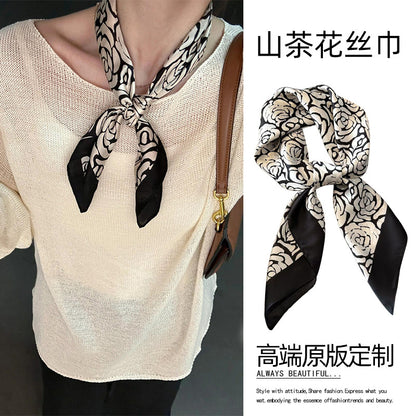 2025 autumn female cashew flower small square silk scarf / High-end neckband accessories & decoration