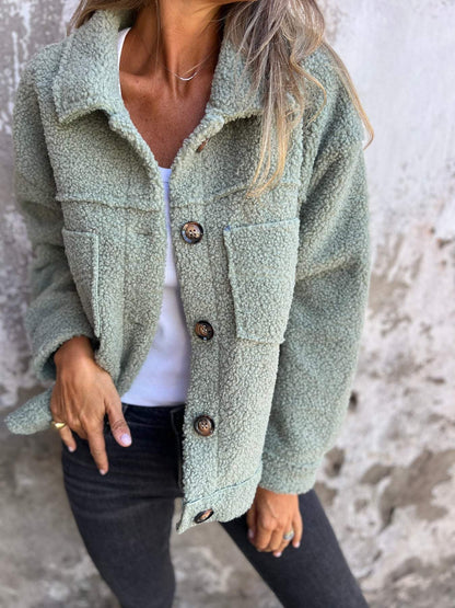 🧥 Damen-Strickjacke aus Lammfell mit aufgesetzten Taschen – Herbst/Winter Freizeitjacke