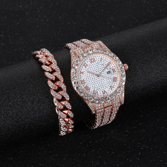 2PCS Diamond Watch & Bracelet Set – Chain Style (No Gift Box)