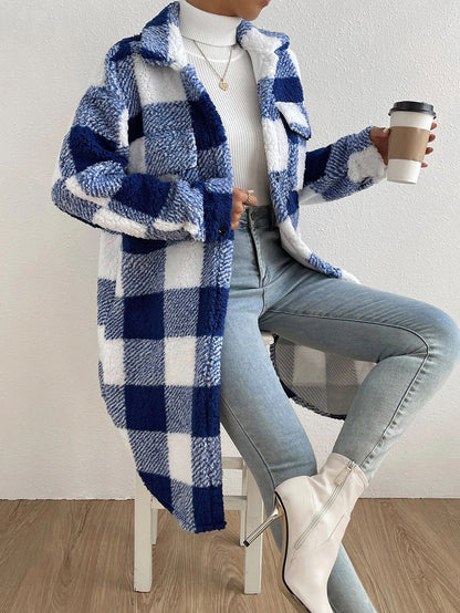 Women’s Autumn / Winter Plaid Plush Lapel Coat – Button‑Down Long Jacket