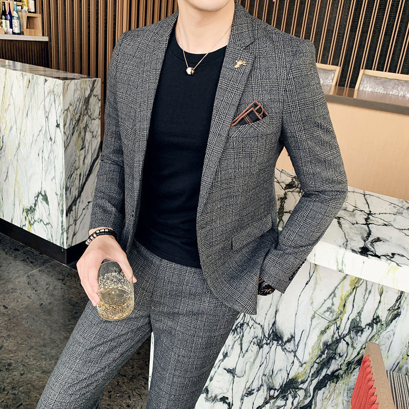 👔 Herren Karierter Slim Anzug – Koreanischer & Britischer Stil, Zweiteiler Legere Eleganz
