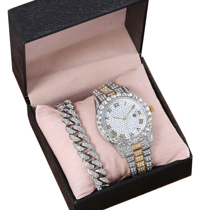 Ensemble montre et bracelet en diamant (2 pièces) – Style chaîne (sans boîte cadeau)