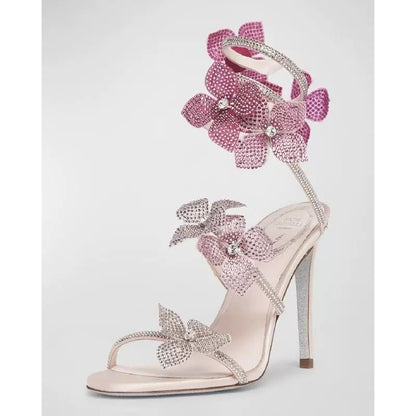 Snake-Wrap Stiletto Sandals with Lace Flowers & Rhinestone Anklets