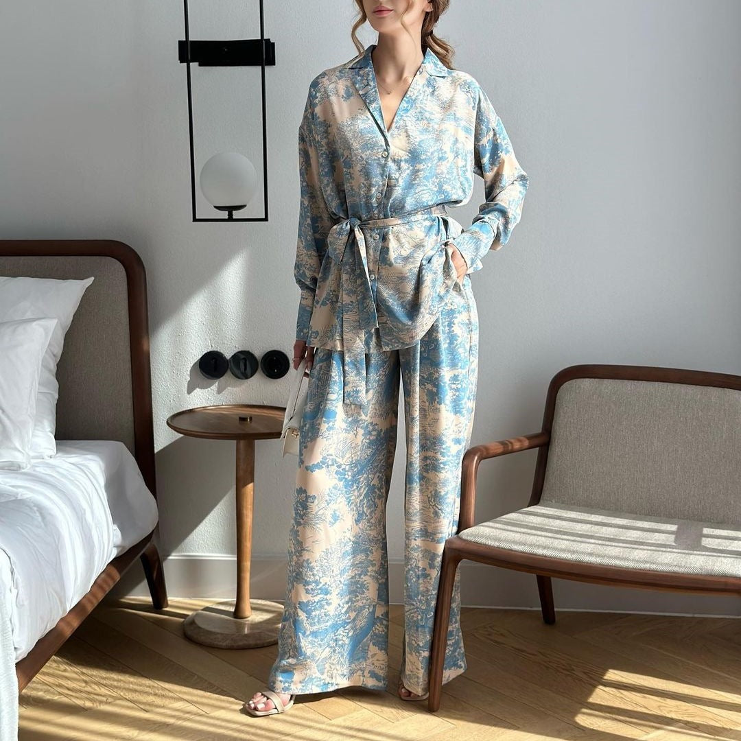 👗Französisch inspirierte bedruckte Wickelbluse und weite Hose Set