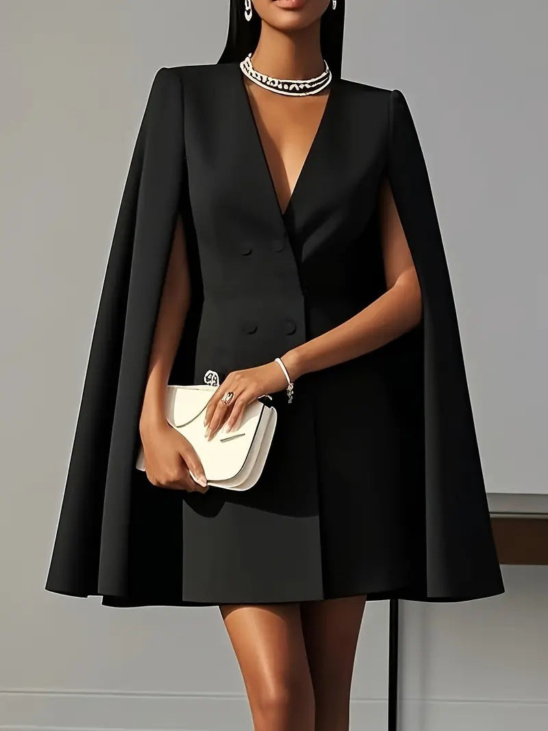👗Robe tailleur de ville – cape à col châle et double boutonnage de couleur unie