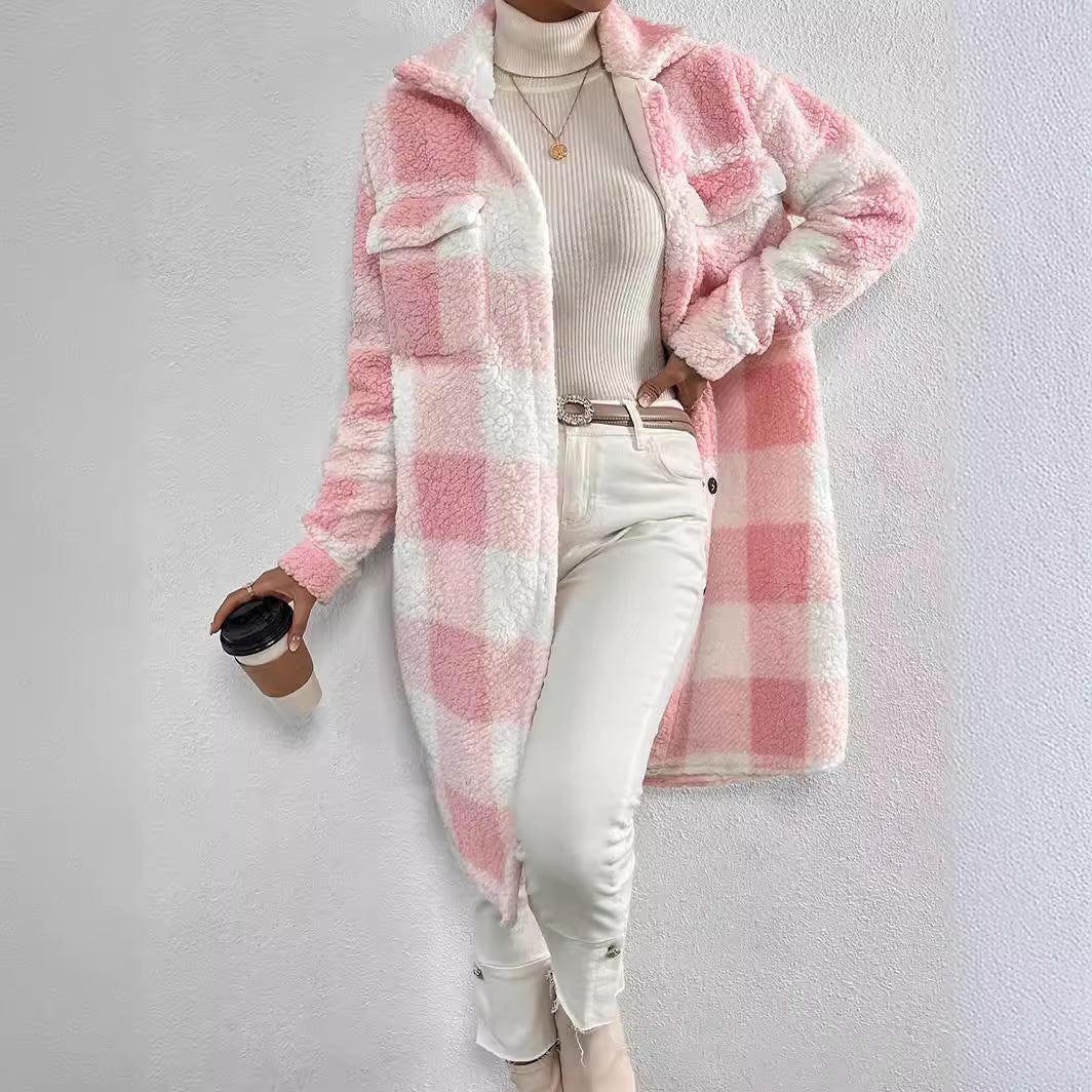 Women’s Autumn / Winter Plaid Plush Lapel Coat – Button‑Down Long Jacket