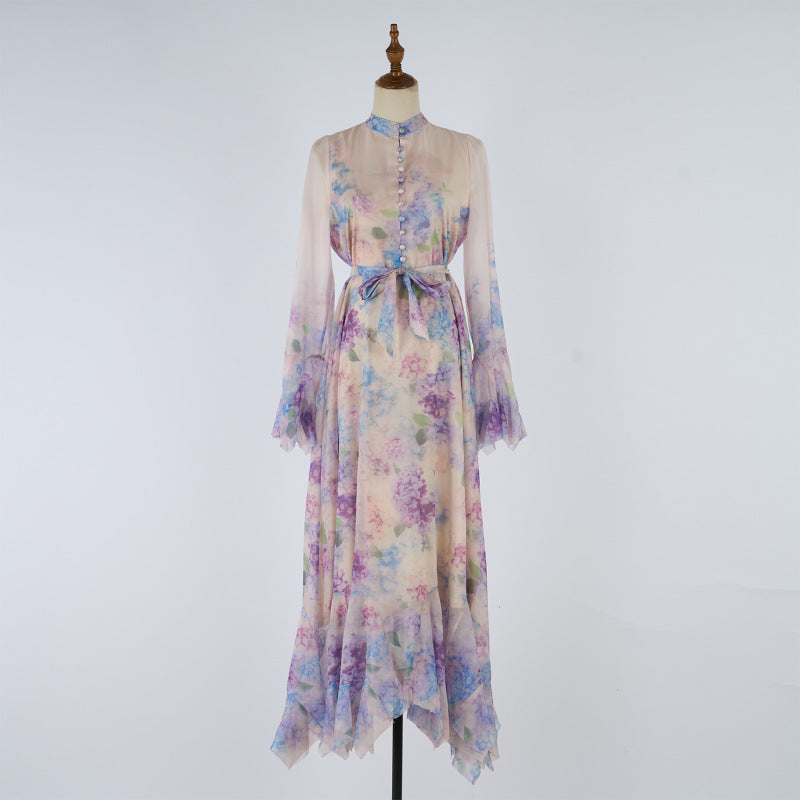 High-End I-Print Buttoned Long Dress – Elegant Swing Style