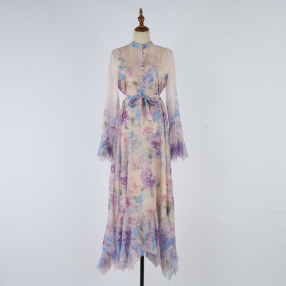 High-End I-Print Buttoned Long Dress – Elegant Swing Style