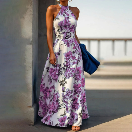 👗Summer Floral Halter Neck Beach Dress – High Waist, Slimming, Sleeveless