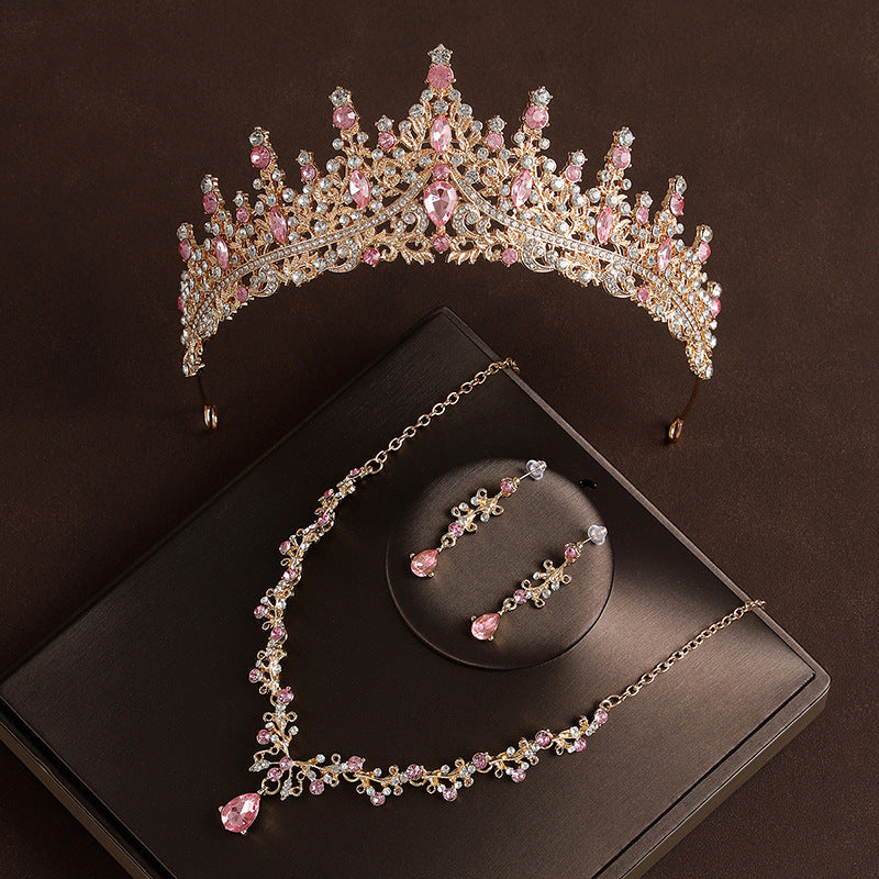 Champagne Pink Diamond Crown Jewelry Set – Headpiece, Necklace & Earrings, Bridal / Party 3‑Piece