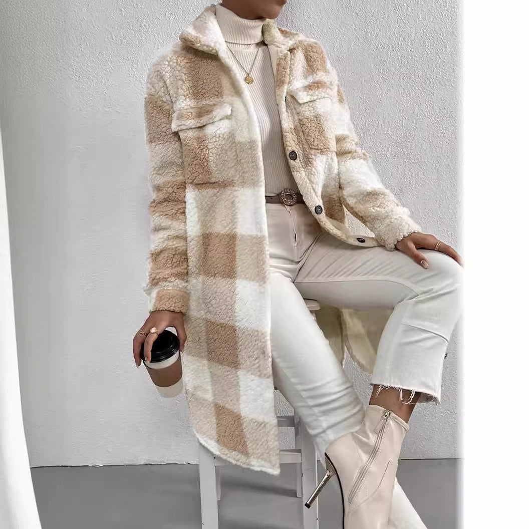 Women’s Autumn / Winter Plaid Plush Lapel Coat – Button‑Down Long Jacket