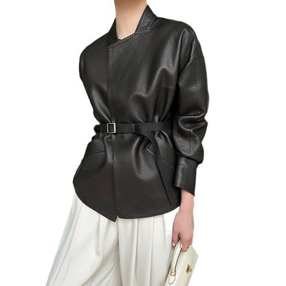 🧥 Autumn Women’s Deer‑Pattern Leather Jacket – Slim Waist Short Coat, Fashionable High‑Grade Style