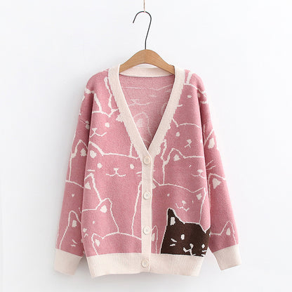 Korean College-Style Kitten Jacquard Sweater – Slim-Fit Autumn Cardigan for Women