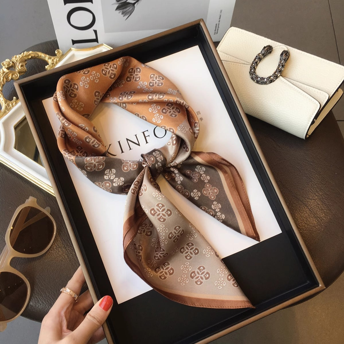 2025 autumn female cashew flower small square silk scarf / High-end neckband accessories & decoration