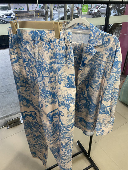 👗Französisch inspirierte bedruckte Wickelbluse und weite Hose Set