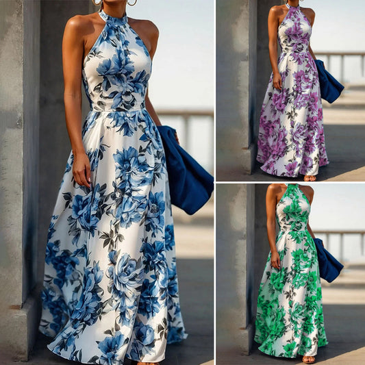 👗Summer Floral Halter Neck Beach Dress – High Waist, Slimming, Sleeveless