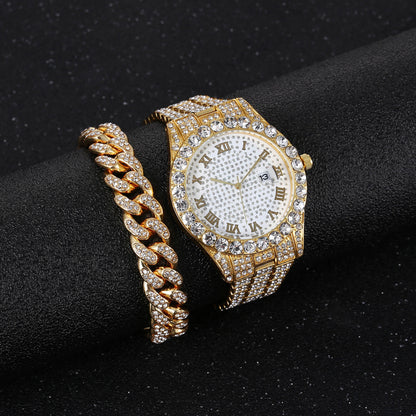 Ensemble montre et bracelet en diamant (2 pièces) – Style chaîne (sans boîte cadeau)