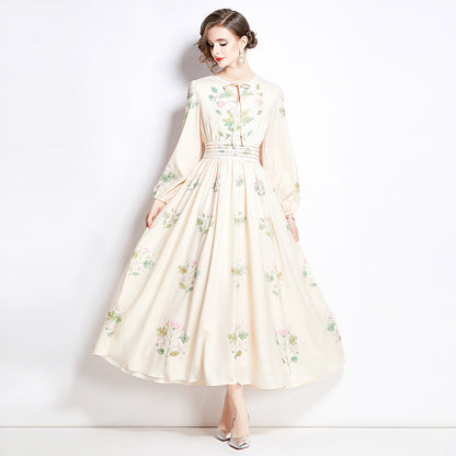 Women’s Retro Print Long-Sleeve Slim Dress