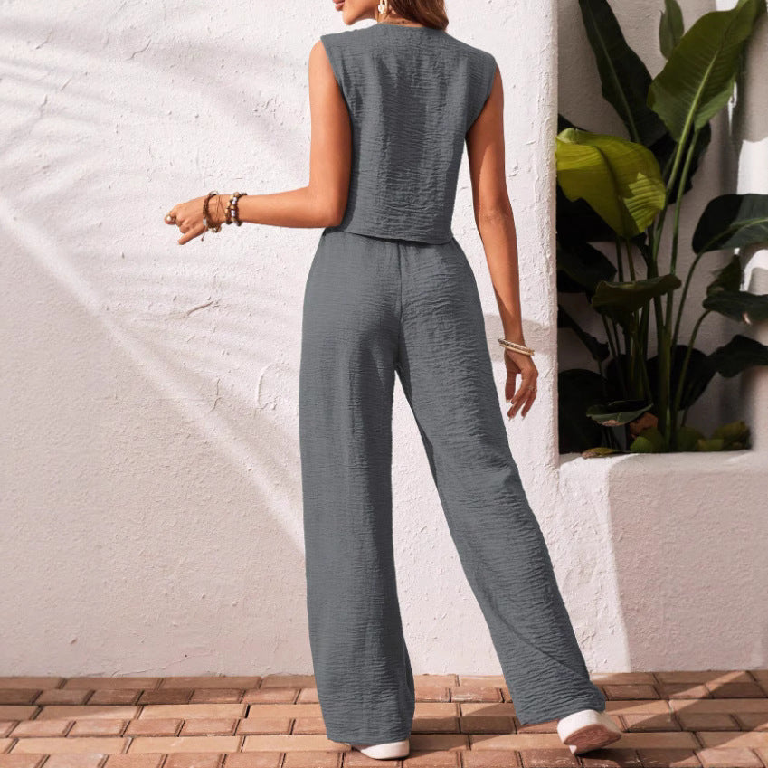 🌿Elegant Sleeveless Vest & Wide Leg Trousers Set 🎀