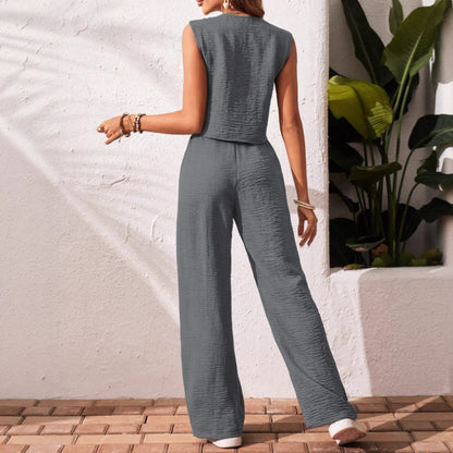 🌿Elegant Sleeveless Vest & Wide Leg Trousers Set 🎀