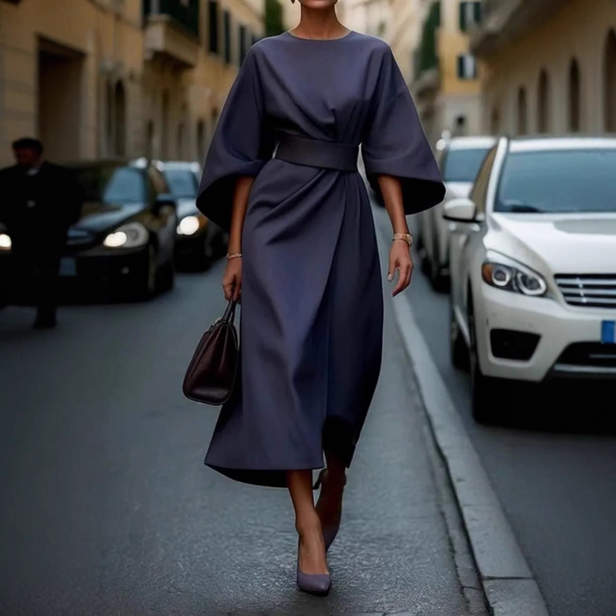 👗Elegantes Fledermausärmel-Maxikleid in Unifarbe