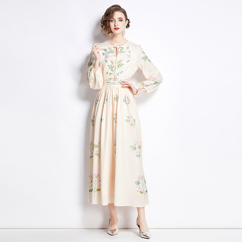 Women’s Retro Print Long-Sleeve Slim Dress