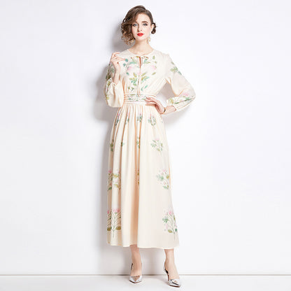 Women’s Retro Print Long-Sleeve Slim Dress