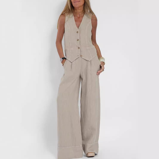 🌿Ensemble deux pièces pour femme : gilet et pantalon en coton et lin🎀