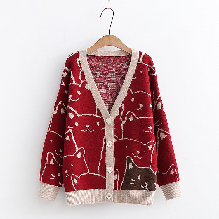 Korean College-Style Kitten Jacquard Sweater – Slim-Fit Autumn Cardigan for Women
