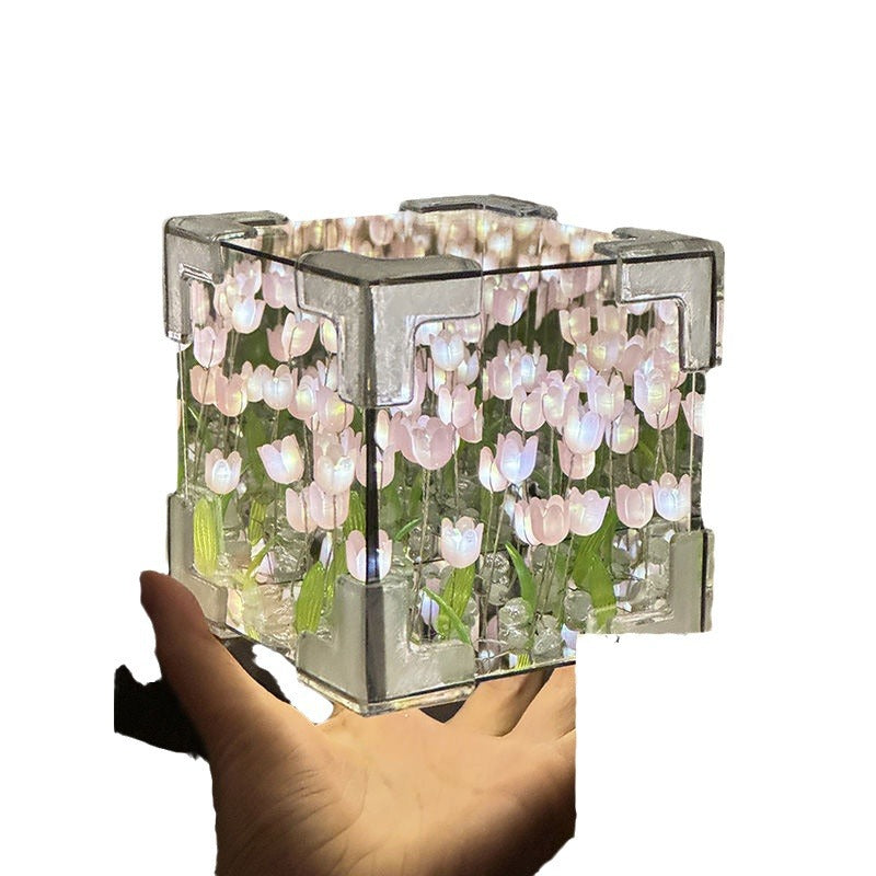 Magic Cube Tulip Night Light – DIY Handmade Mirror Bouquet Gift for Girls & Couples