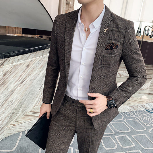 👔 Men’s Plaid Slim Suit – Korean & British Style, Two‑Piece Casual Elegance