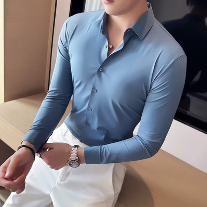 👔Men’s Slim Elastic Shirt – Long & Short Sleeve, Business Casual, Spring, Summer & Autumn